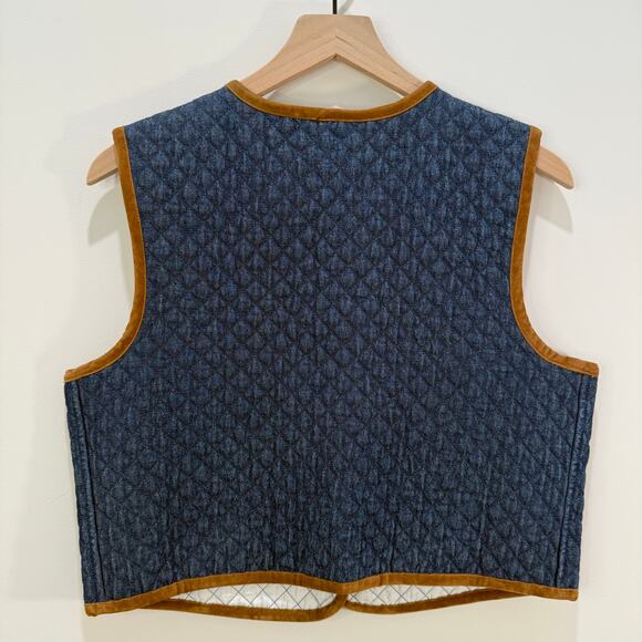 Vintage Quilted Denim Style Vest Petite Medium Blue Brown Velvet Trim - Picture 11 of 11